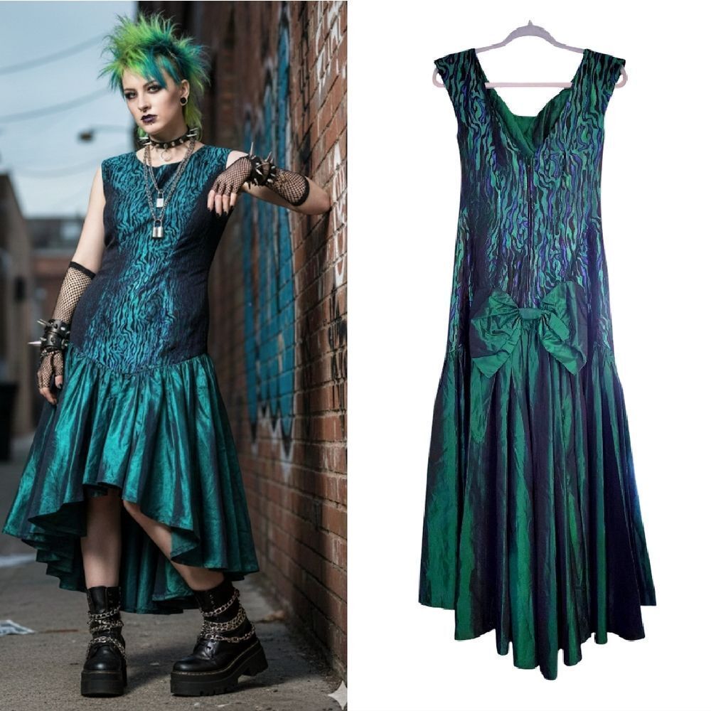 VTG 80s Handmade Iridescent Green Blue Taffeta Back Bow Prom Dress‎ S M